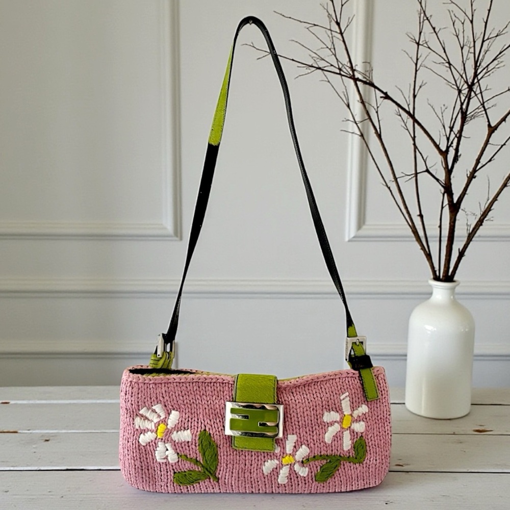 FENDI VINTAGE RARE Y2K Pink Knit Floral Green Cow Print Pony Hair Trim Baguette - Picture 2 of 16